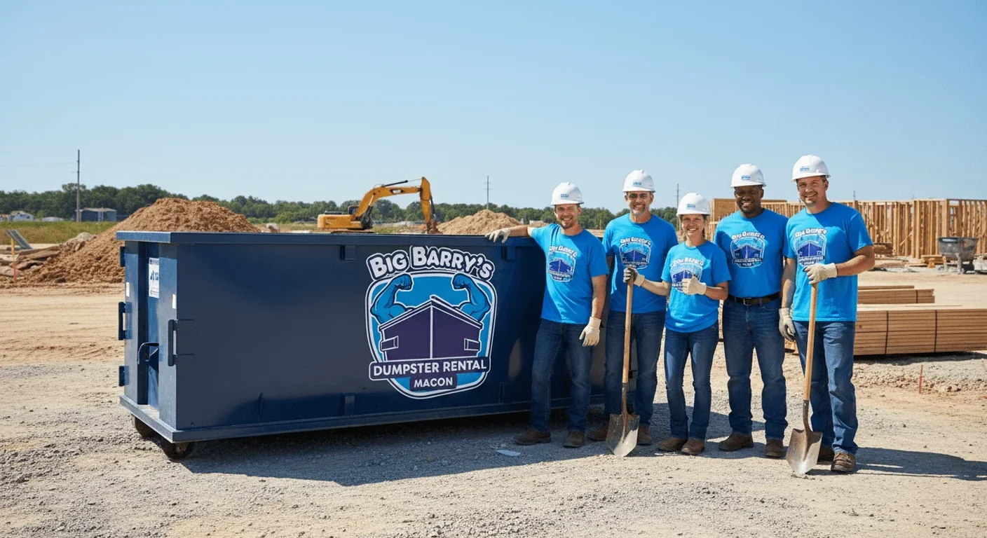 Meet the Big Barry's Dumpster Rental Team - Macon, GA Five members of the Big Barry's crew smiling beside a loaded dumpster on a Macon job site
